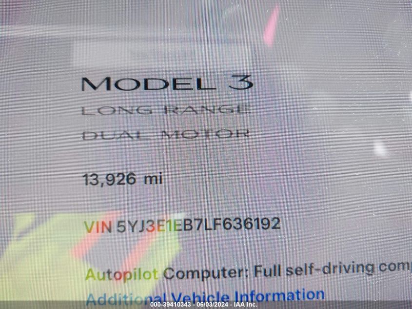 2020 Tesla Model 3 Long Range Dual Motor All-Wheel Drive VIN: 5YJ3E1EB7LF636192 Lot: 39410343