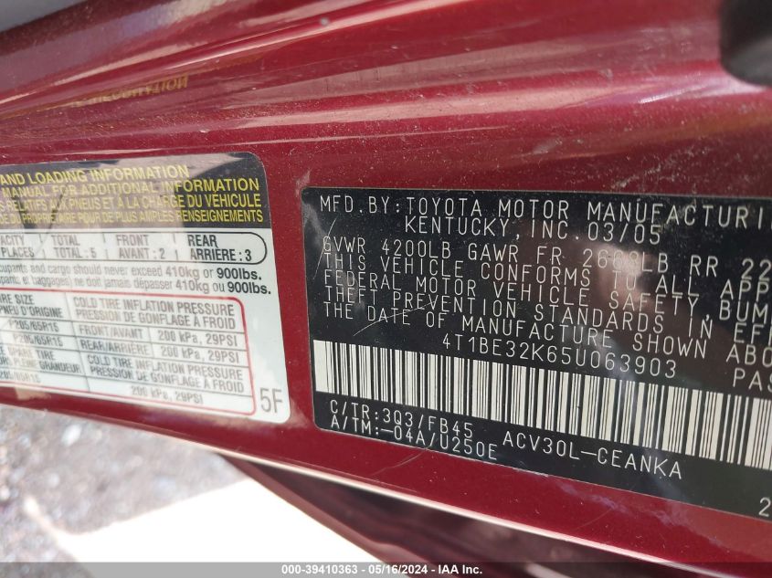 2005 Toyota Camry Le VIN: 4T1BE32K65U063903 Lot: 39410363