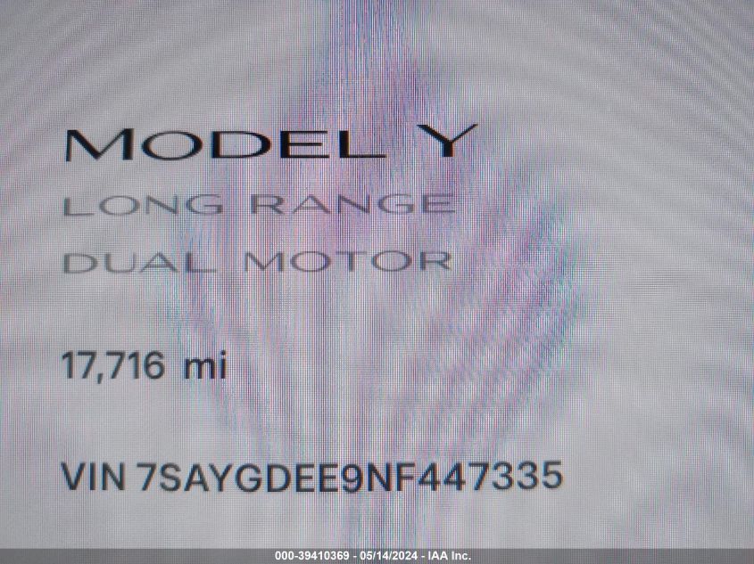 2022 Tesla Model Y Long Range Dual Motor All-Wheel Drive VIN: 7SAYGDEE9NF447335 Lot: 39410369