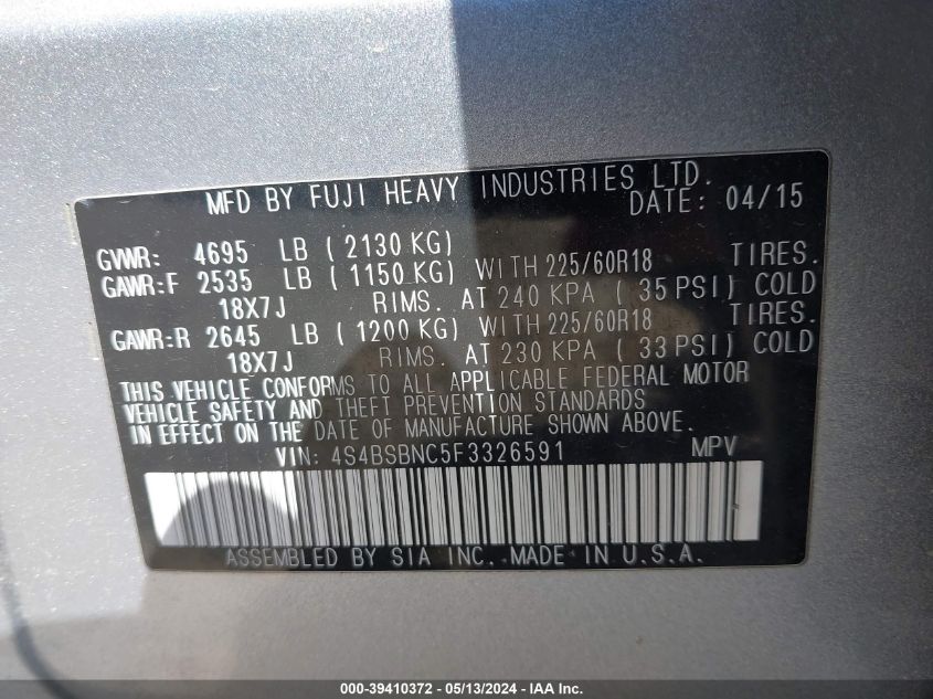 2015 Subaru Outback 2.5I Limited VIN: 4S4BSBNC5F3326591 Lot: 39410372