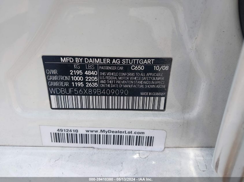 2009 Mercedes-Benz E 350 VIN: WDBUF56X89B409090 Lot: 39410380