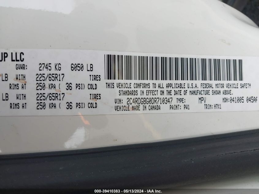 2013 Dodge Grand Caravan American Value Pkg VIN: 2C4RDGBG0DR710347 Lot: 39410383