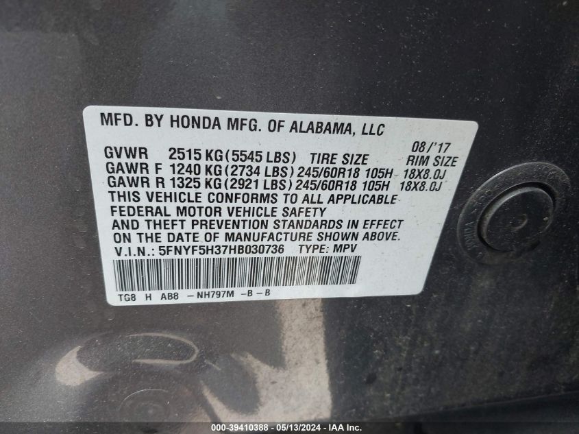 2017 Honda Pilot Ex VIN: 5FNYF5H37HB030736 Lot: 39410388