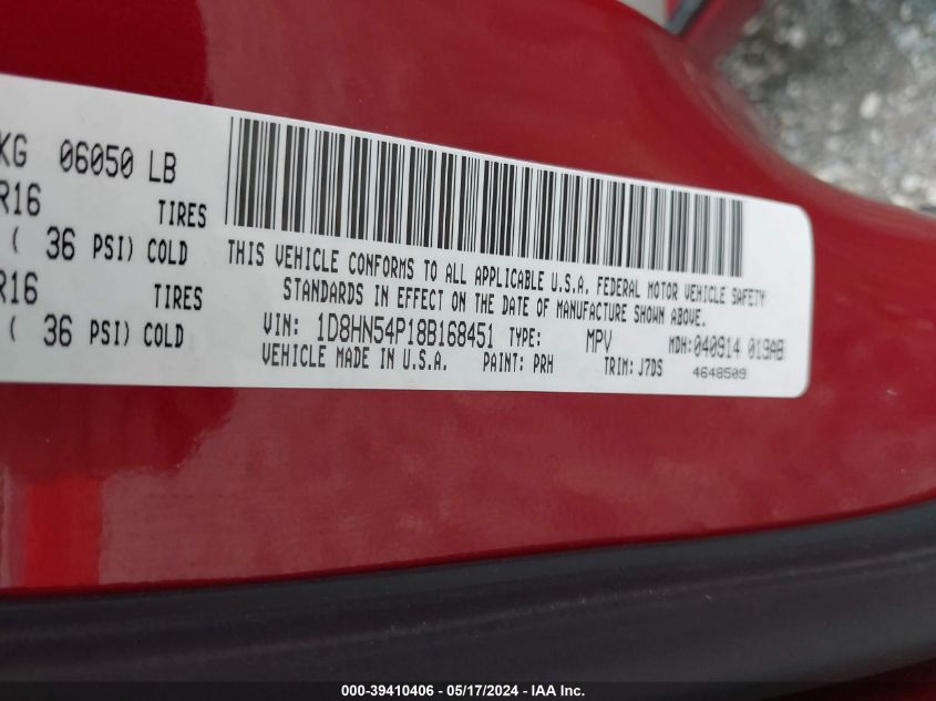 2008 Dodge Grand Caravan Sxt VIN: 1D8HN54P18B168451 Lot: 39410406