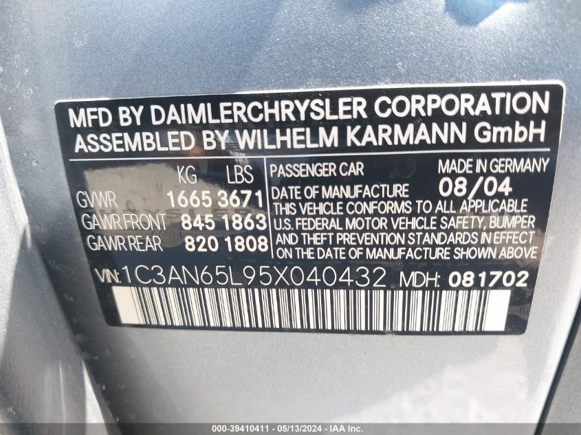 2005 Chrysler Crossfire Limited VIN: 1C3AN65L95X040432 Lot: 39410411