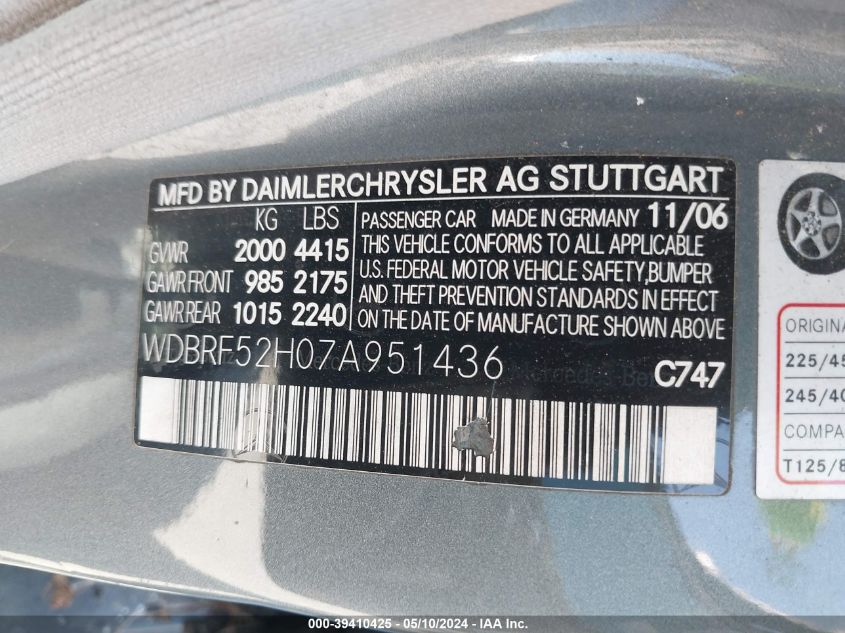 2007 Mercedes-Benz C 230 Sport VIN: WDBRF52H07A951436 Lot: 39410425