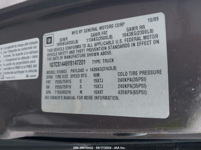 2000 GMC Sonoma Sls VIN: 1GTCS1449Y8147201 Lot: 39410432