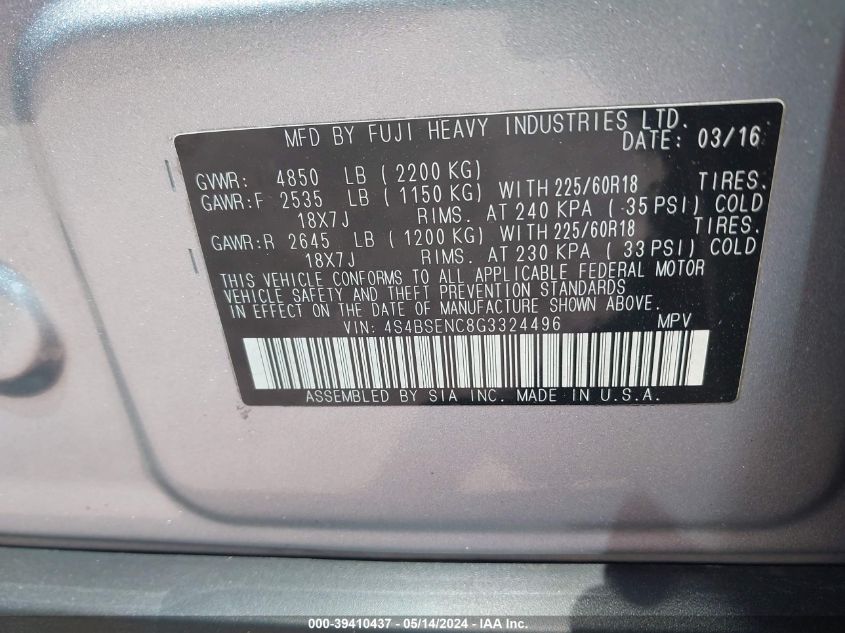 2016 SUBARU OUTBACK 3.6R LIMITED - 4S4BSENC8G3324496