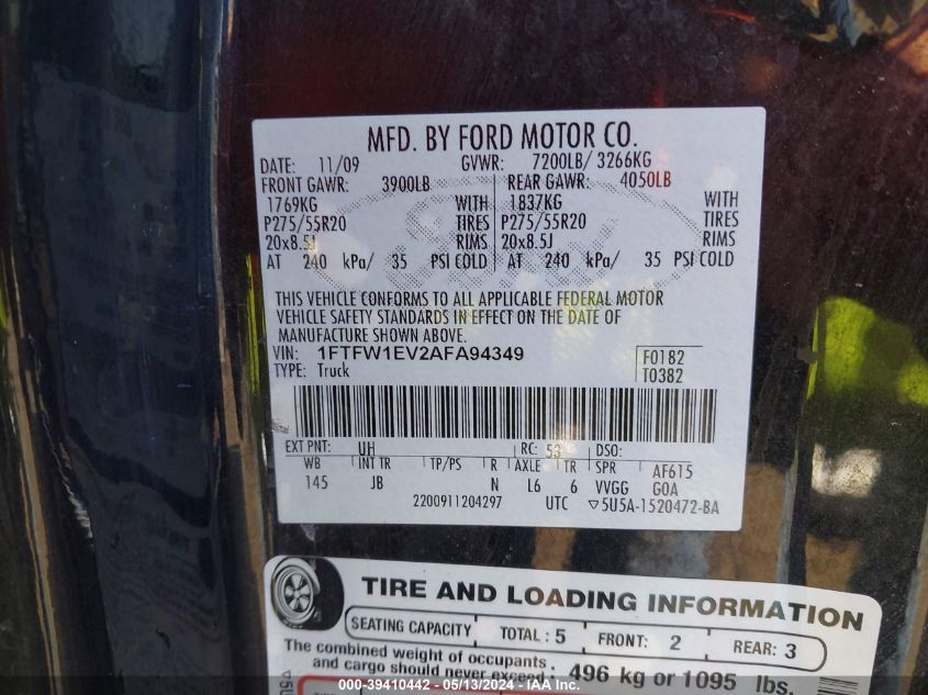 2010 Ford F-150 Fx4/Harley-Davidson/King Ranch/Lariat/Platinum/Xl/Xlt VIN: 1FTFW1EV2AFA94349 Lot: 39410442