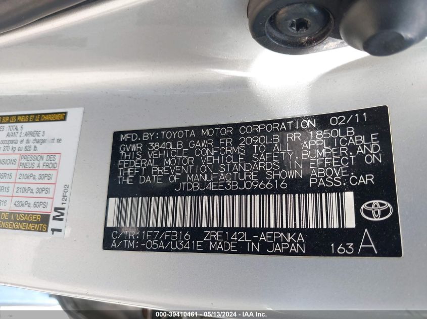 2011 Toyota Corolla Le VIN: JTDBU4EE3BJ096616 Lot: 39410461