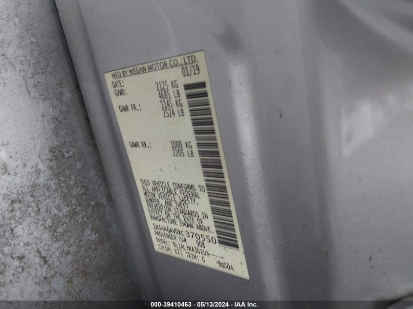 2019 Nissan Maxima 3.5 Sv VIN: 1N4AA6AV0KC370550 Lot: 39410463