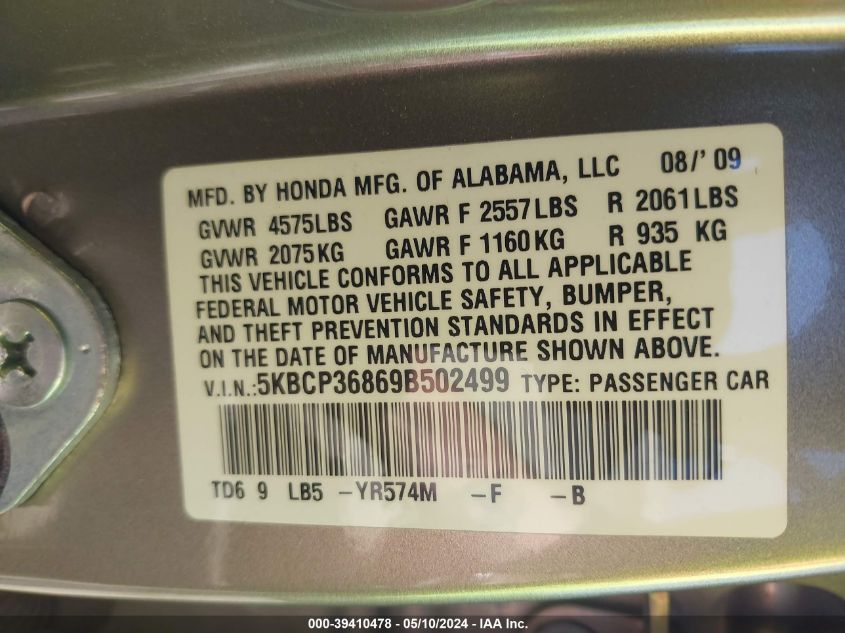 2009 Honda Accord 3.5 Ex-L VIN: 5KBCP36869B502499 Lot: 39410478