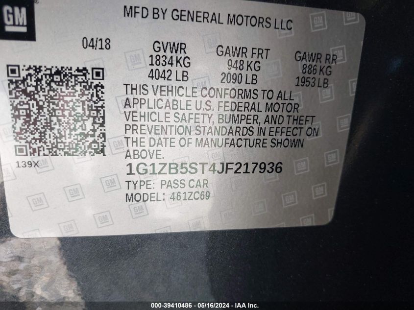 2018 Chevrolet Malibu 1Ls VIN: 1G1ZB5ST4JF217936 Lot: 39410486
