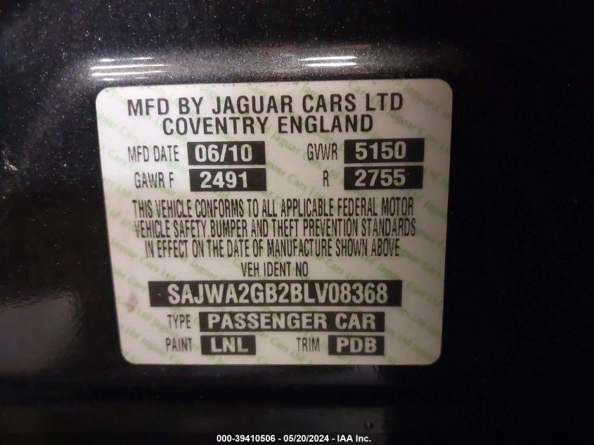 2011 Jaguar Xj Xjl VIN: SAJWA2GB2BLV08368 Lot: 39410506