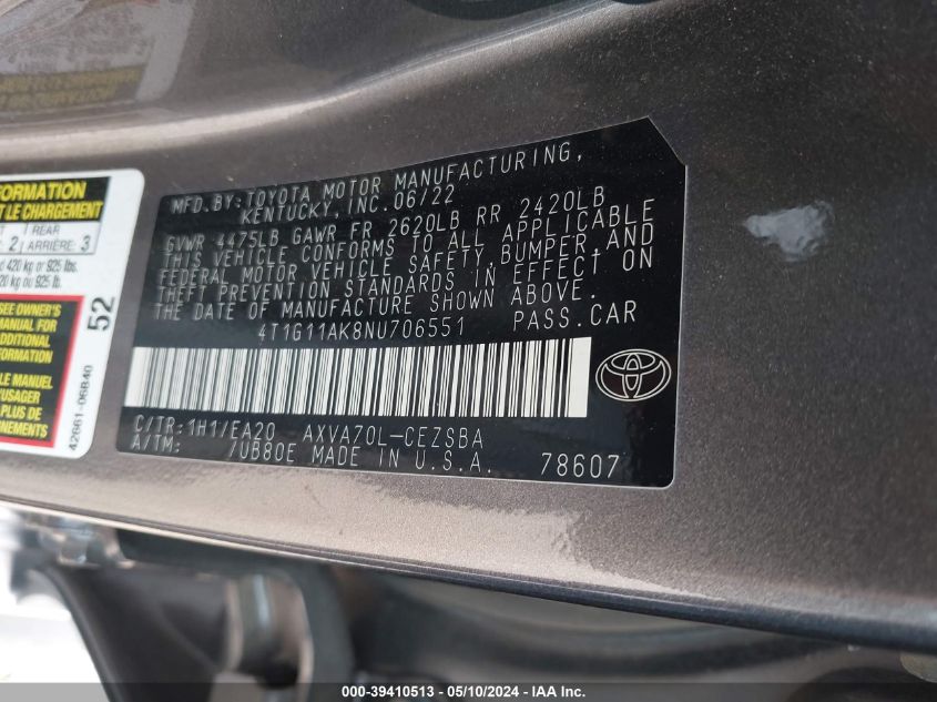 2022 Toyota Camry Se VIN: 4T1G11AK8NU706551 Lot: 39410513