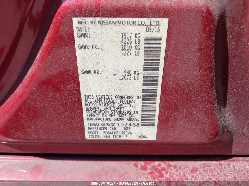 2016 Nissan Altima 2.5 Sr VIN: 1N4AL3APXGC192468 Lot: 39410527