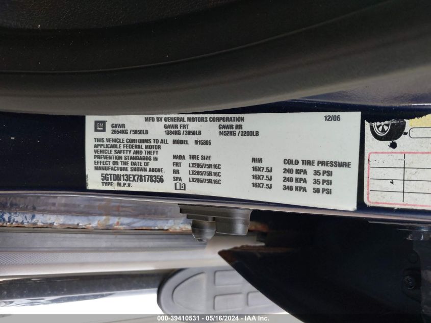 2007 Hummer H3 Suv VIN: 5GTDN13EX78178356 Lot: 39410531