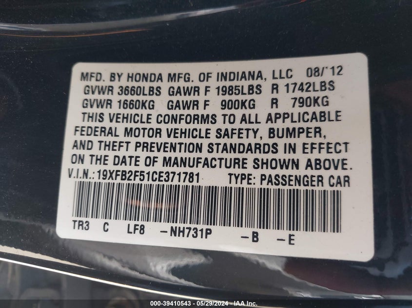 2012 Honda Civic Lx VIN: 19XFB2F51CE371781 Lot: 39410543