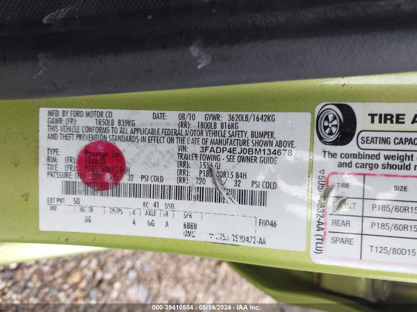 2011 Ford Fiesta Se VIN: 3FADP4EJ0BM134678 Lot: 39410554