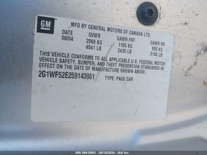 2005 Chevrolet Impala VIN: 2G1WF52E259143861 Lot: 39410561