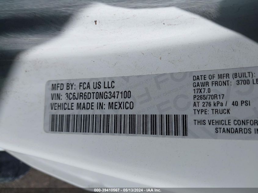2022 Ram 1500 Classic Tradesman Regular Cab 4X2 8' Box VIN: 3C6JRDT0NG347100 Lot: 39410567