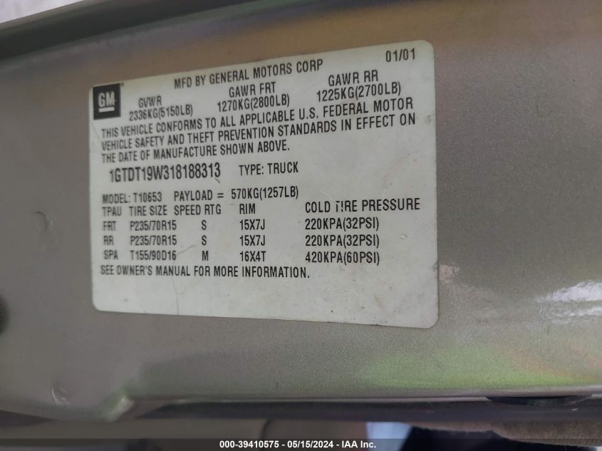 2001 GMC Sonoma Sls VIN: 1GTDT19W318188313 Lot: 39410575