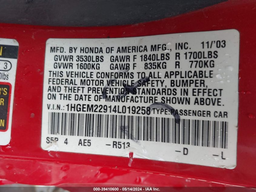 2004 Honda Civic Ex VIN: 1HGEM22914L019258 Lot: 39410600