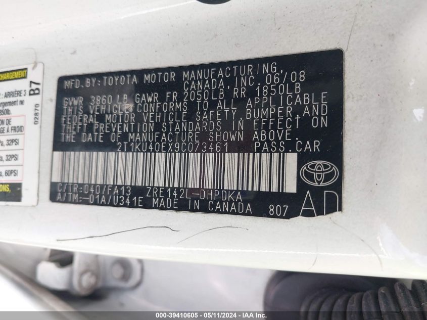 2009 Toyota Matrix VIN: 2T1KU40EX9C073461 Lot: 39410605