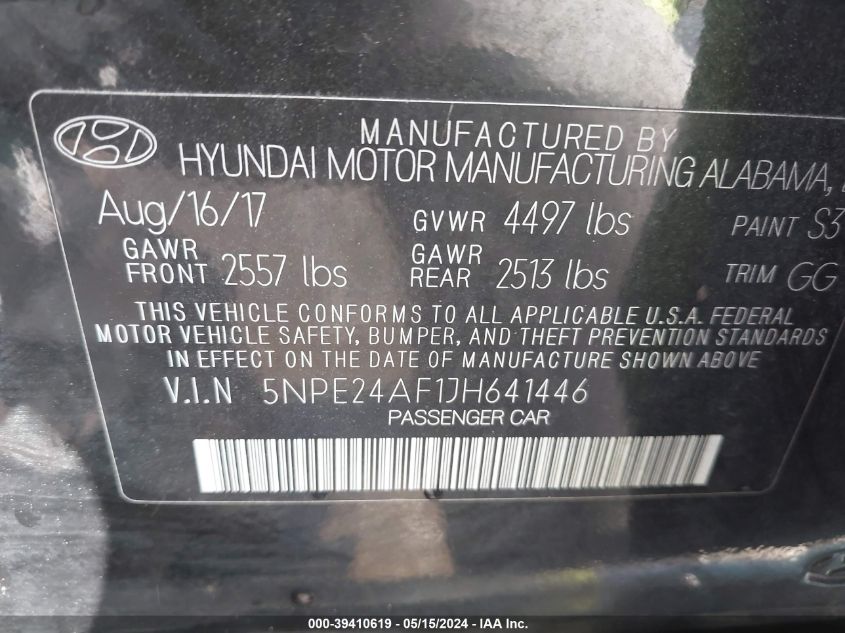2018 Hyundai Sonata Se VIN: 5NPE24AF1JH641446 Lot: 39410619
