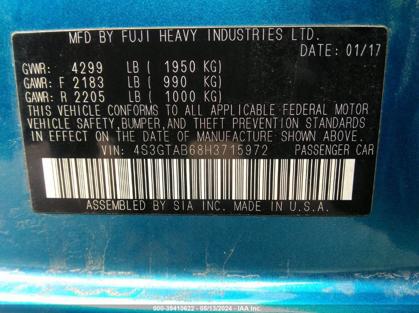 2017 Subaru Impreza 2.0I Premium VIN: 4S3GTAB68H3715972 Lot: 39410622