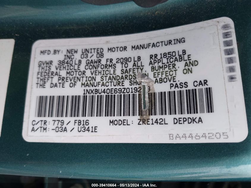 2009 Toyota Corolla Le VIN: 1NXBU40E69Z019203 Lot: 39410664