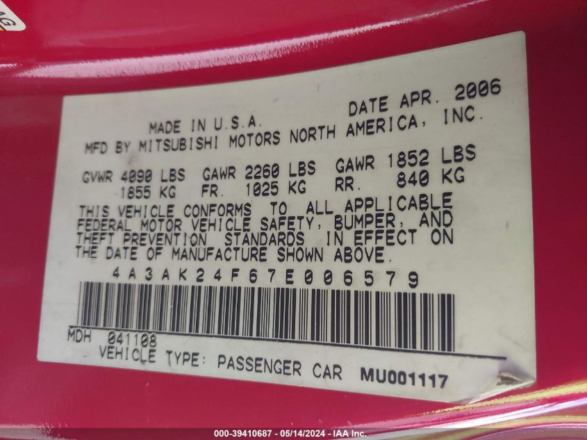 2007 Mitsubishi Eclipse Gs VIN: 4A3AK24F67E006579 Lot: 39410687