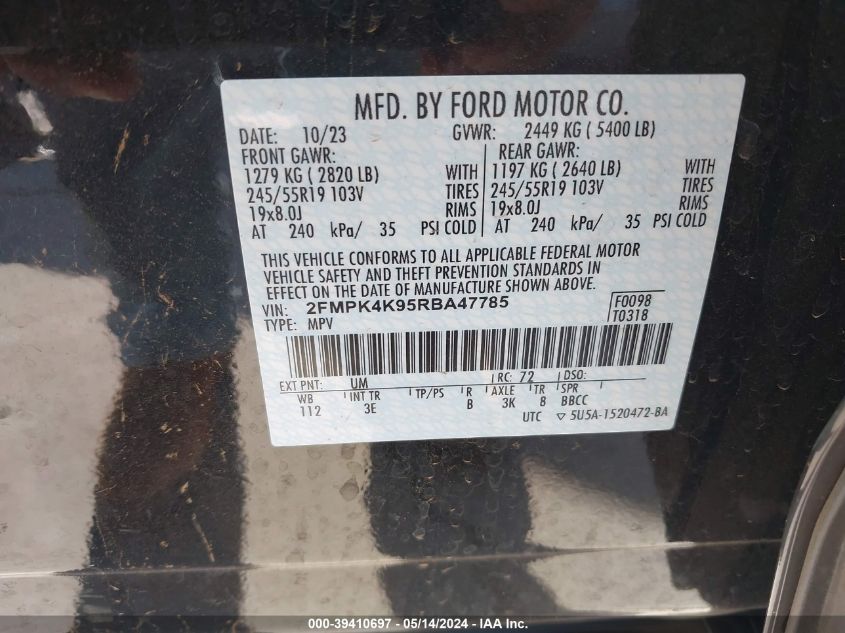 2024 Ford Edge Titanium VIN: 2FMPK4K95RBA47785 Lot: 39410697