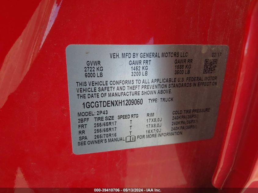 2017 Chevrolet Colorado Z71 VIN: 1GCGTDENXH1209060 Lot: 39410706