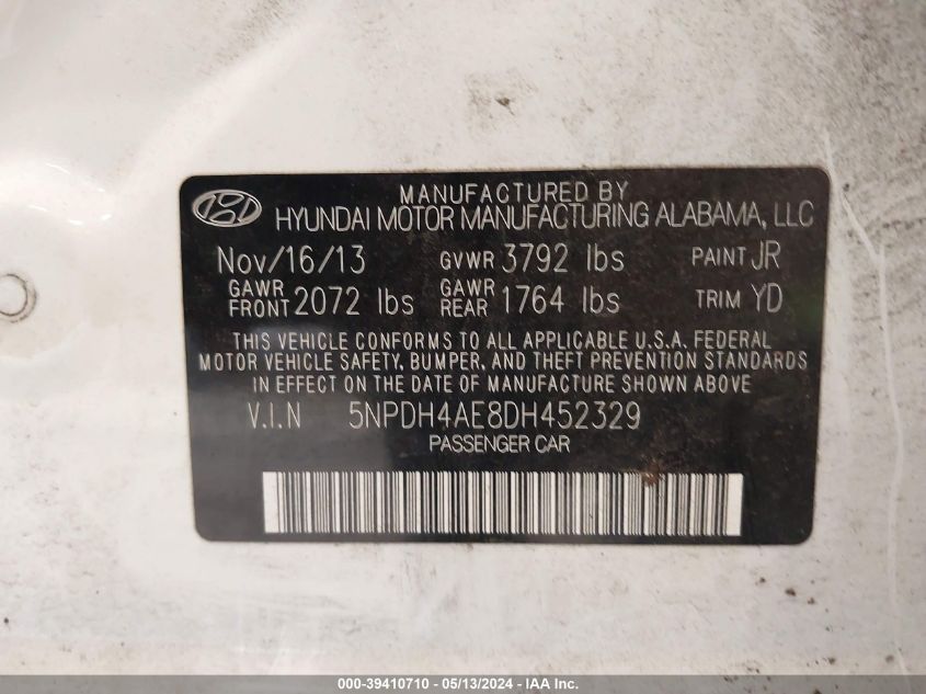 2013 Hyundai Elantra Gls VIN: 5NPDH4AE8DH452329 Lot: 39410710