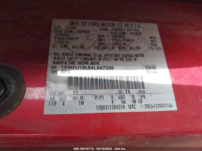 2004 Ford Expedition Eddie Bauer VIN: 1FMFU18L84LA67206 Lot: 39410715