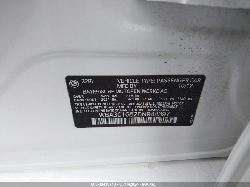 2013 BMW 328I VIN: WBA3C1G52DNR44397 Lot: 39410718