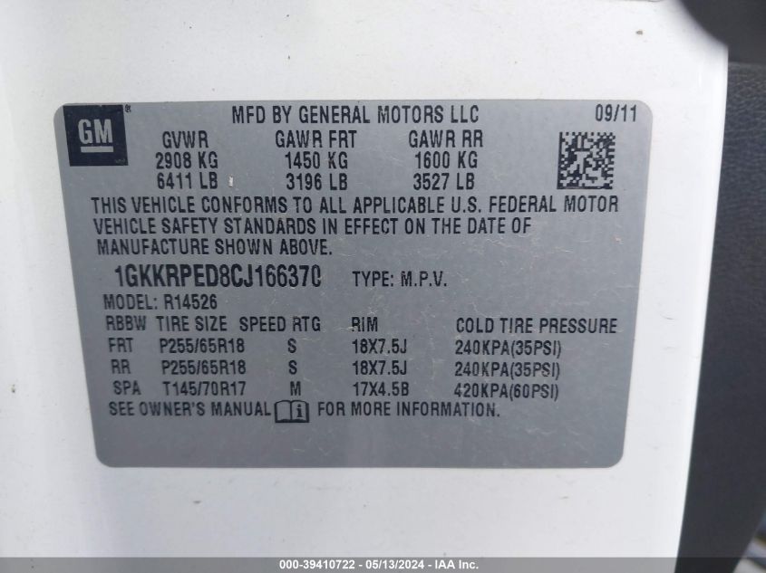 2012 GMC Acadia Sle VIN: 1GKKRPED8CJ166370 Lot: 39410722