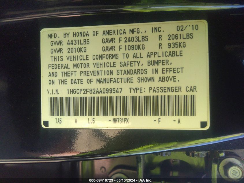 2010 Honda Accord 2.4 Ex-L VIN: 1HGCP2F82AA099547 Lot: 39410729