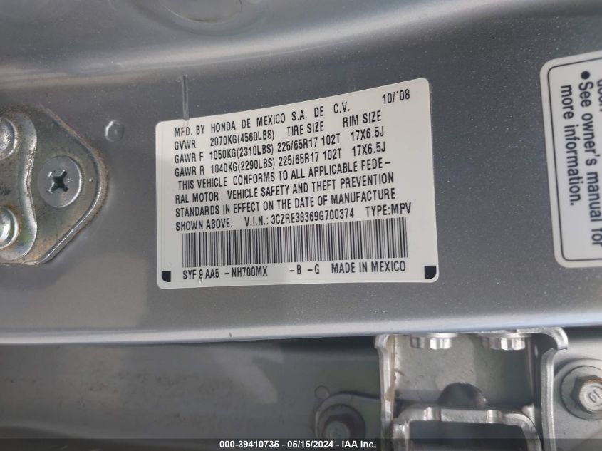 2009 Honda Cr-V Lx VIN: 3CZRE38369G700374 Lot: 39410735