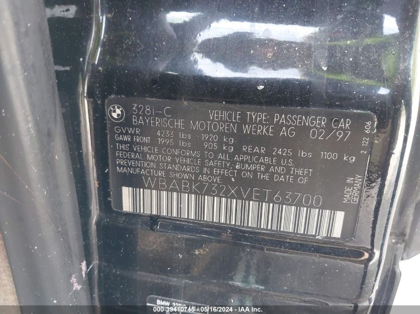 1997 BMW 328Ic VIN: WBABK732XVET63700 Lot: 39410745