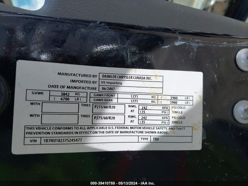 2007 Dodge Ram 1500 Laramie VIN: 1D7HU18237S245477 Lot: 39410788