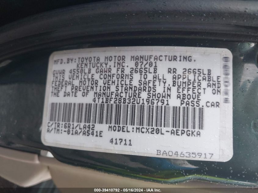 2002 Toyota Avalon Xls VIN: 4T1BF28B32U196791 Lot: 39410792