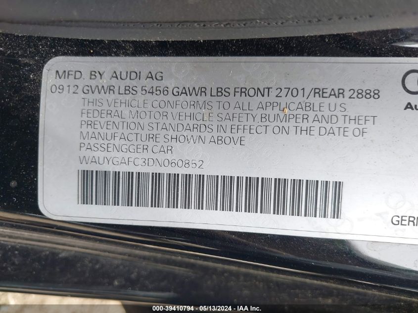 2013 Audi A7 3.0T Premium VIN: WAUYGAFC3DN060852 Lot: 39410794
