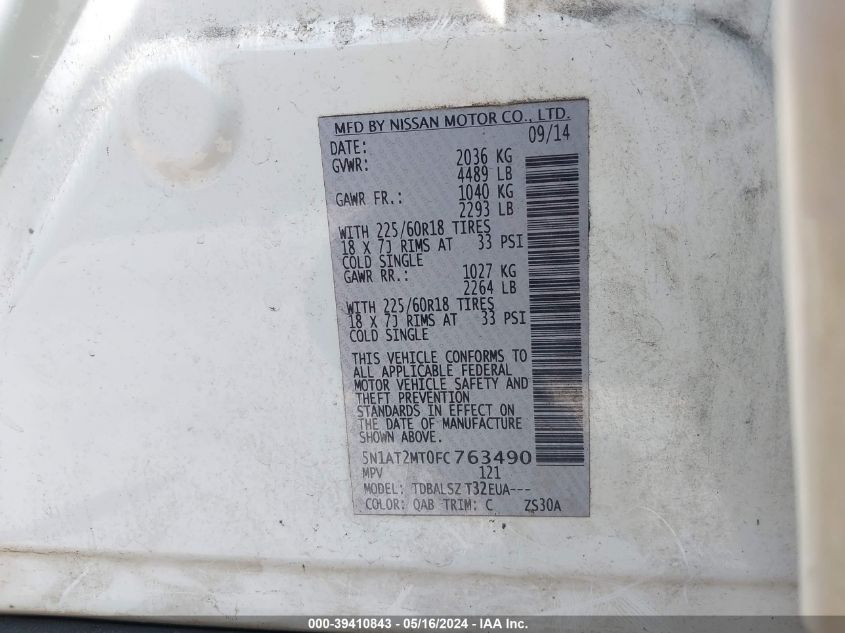 2015 Nissan Rogue Sl VIN: 5N1AT2MT0FC763490 Lot: 39410843