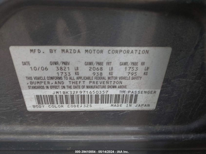 2007 Mazda Mazda3 I VIN: JM1BK32F971650357 Lot: 39410854