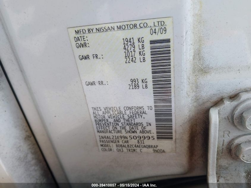 2009 Nissan Altima 2.5 S VIN: 1N4AL21E99N509995 Lot: 39410857