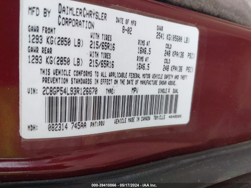 2003 Chrysler Town & Country Lxi VIN: 2C8GP54L93R126670 Lot: 39410866