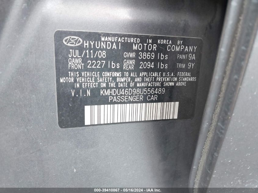 2008 Hyundai Elantra Gls/Se VIN: KMHDU46D98U556489 Lot: 39410867