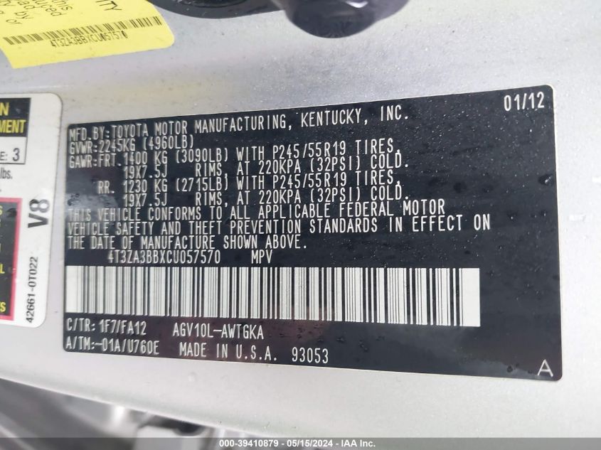 2012 Toyota Venza Le VIN: 4T3ZA3BBXCU057570 Lot: 39410879